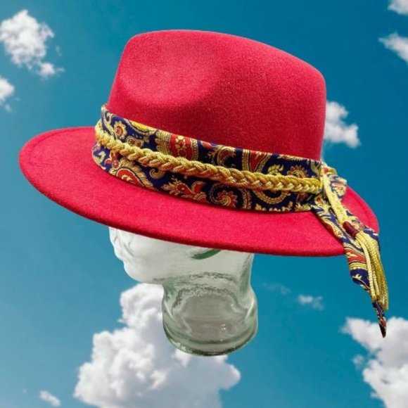 Custom Red Fedora with Gold Braid & Paisley Scarf Detail NWT main image 7